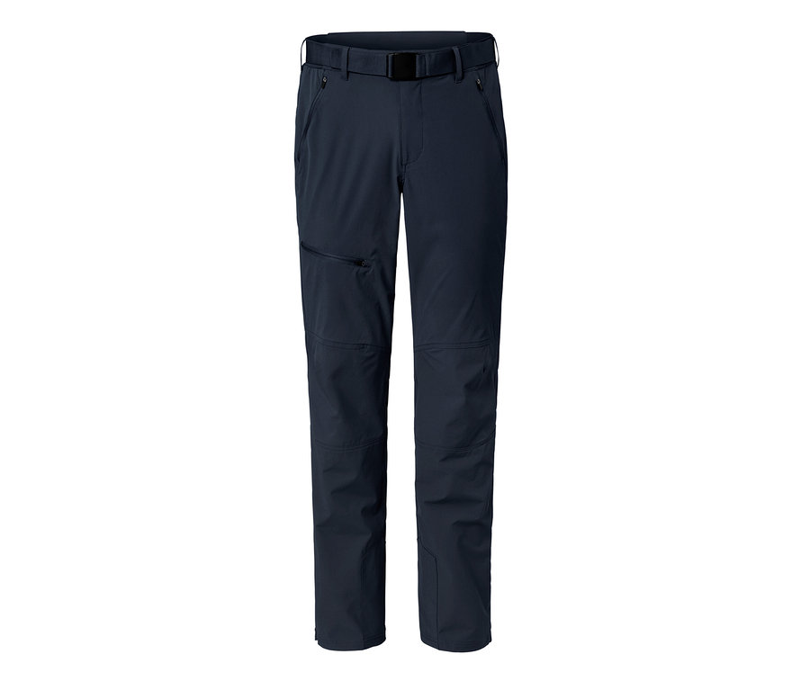 Pantalon d’extérieur en softshell bleu foncé avec ceinture noire.