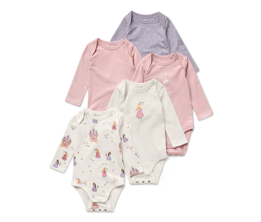 Cinq bodys évolutifs pour bébé, thème princesse, coloris lilas à pois, rose et blanc imprimé.