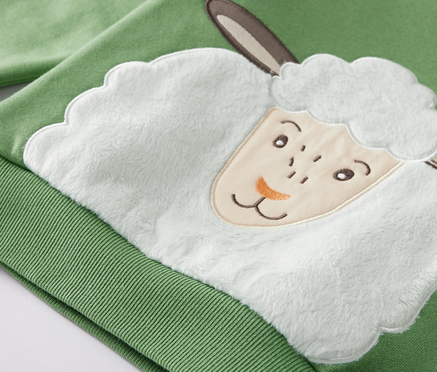 Gros plan sur un sweat-shirt vert pour enfant avec intérieur gratté et motif d'un mouton.