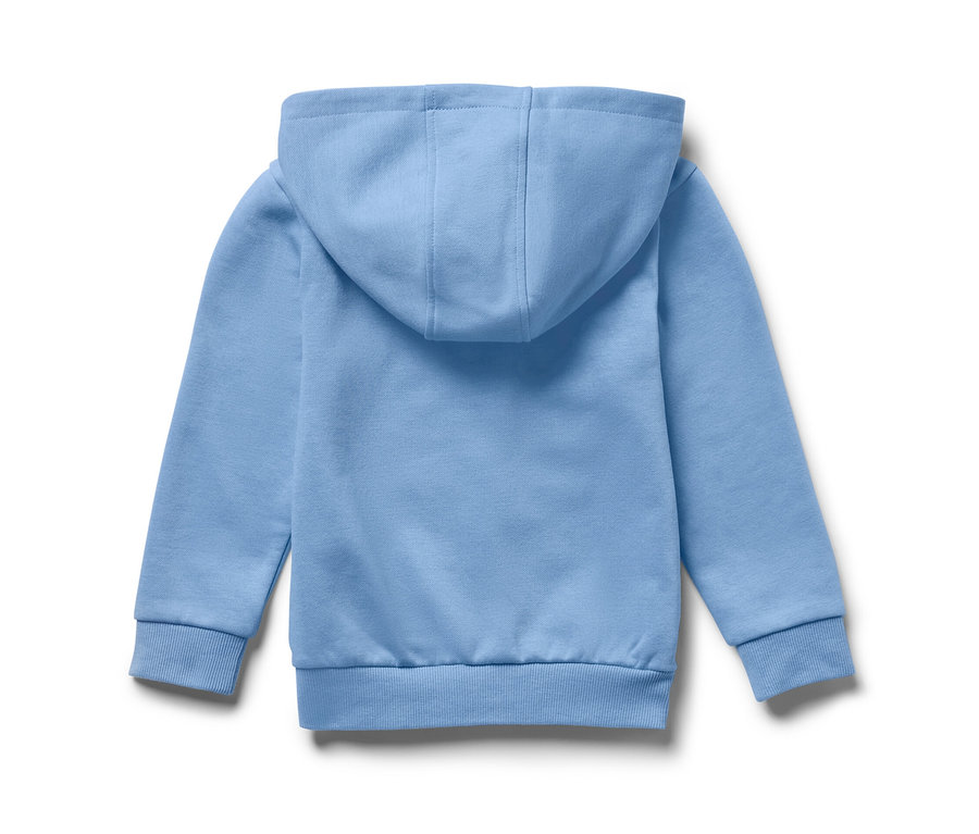 Vue arrière d'une jaquette en sweat bleu clair pour enfant avec capuche et intérieur gratté.