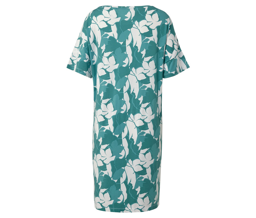 Vue arrière d'une chemise de nuit à manches courtes avec un motif floral vert et blanc.