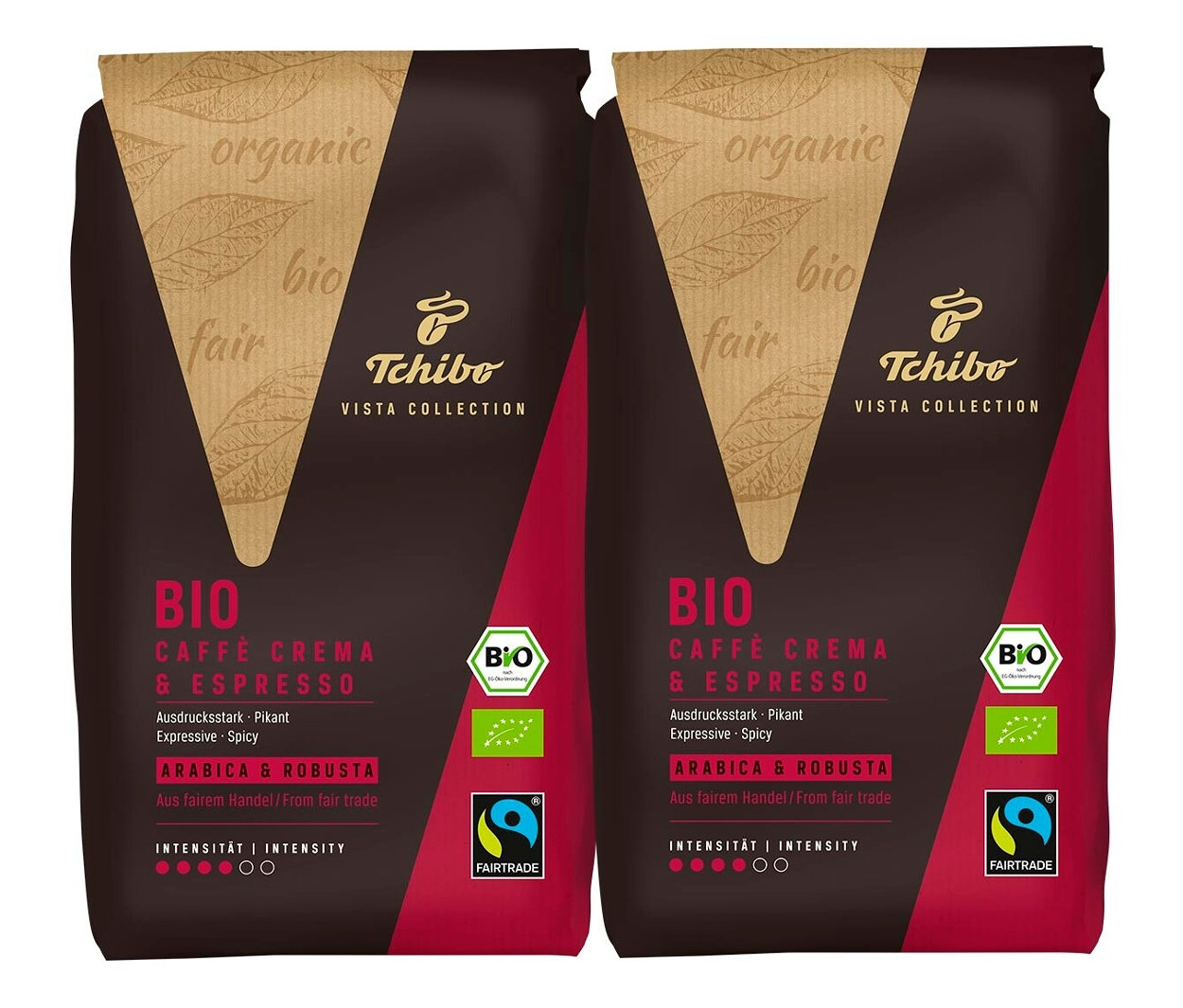 Deux paquets de café Tchibo Vista Collection Bio Caffè Crema & Espresso côte à côte.