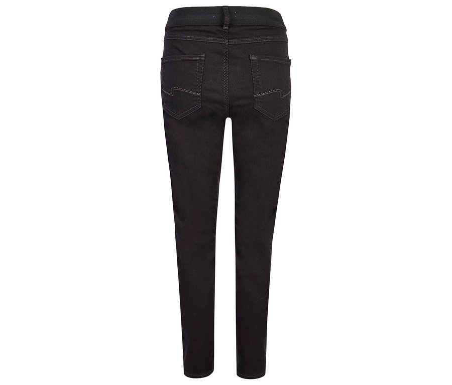 Vue détaillée de l'arrière d'un jean noir avec une ceinture élastique.