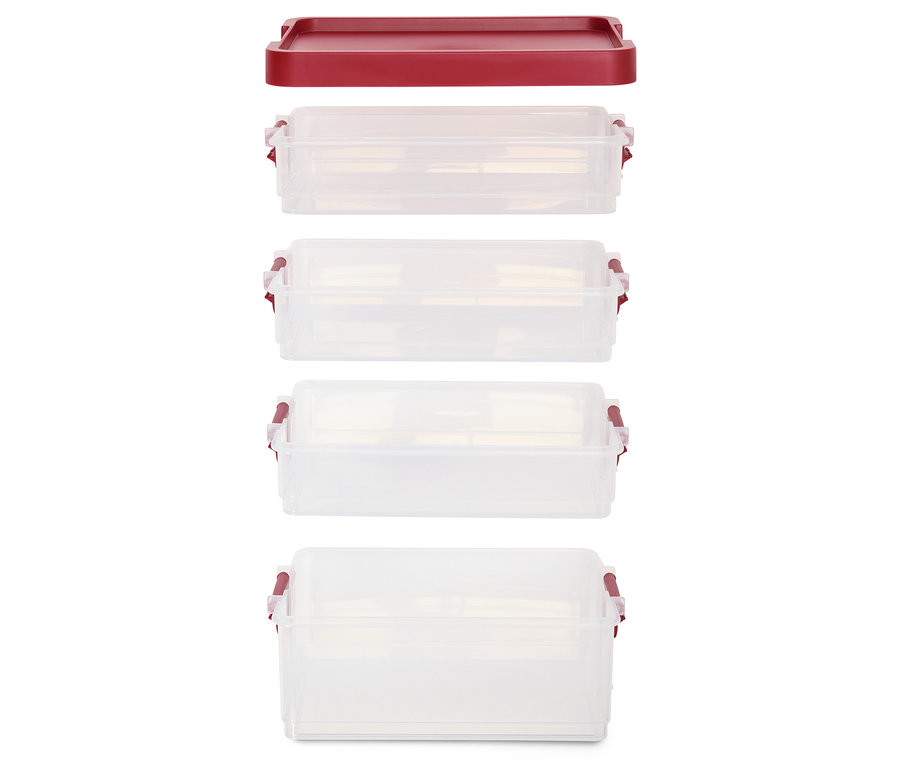 Pile de quatre récipients en plastique transparents avec un couvercle sur le dessus.