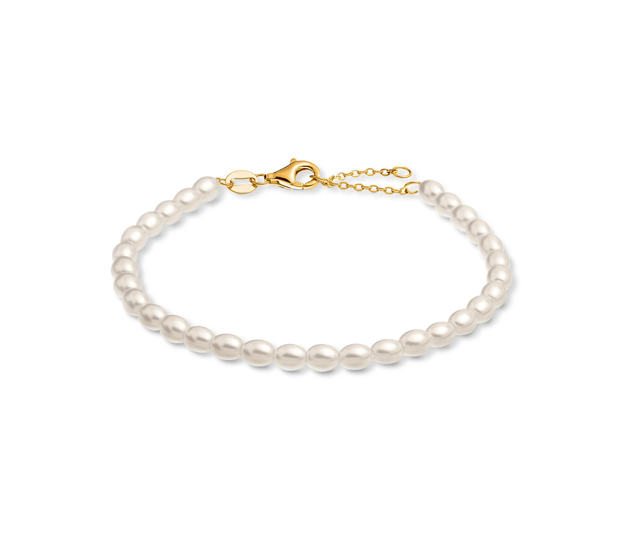 Bracelet de perles blanches avec fermoir doré.