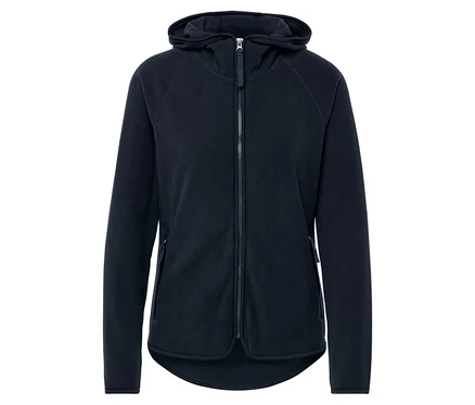 Veste en polaire bleu marine avec capuche et fermeture éclair.