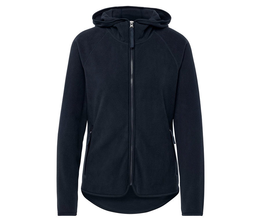 Veste en polaire bleu marine avec capuche et fermeture éclair.