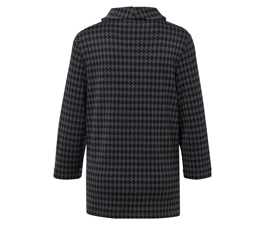 Vue arrière d'un manteau à motif pied-de-poule gris et noir.