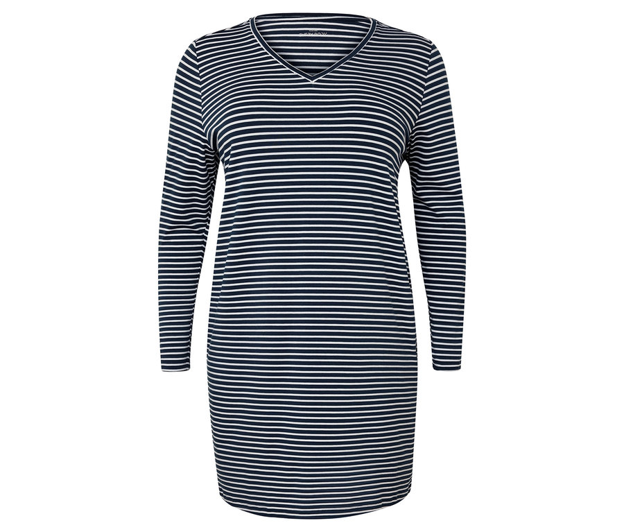 Robe à rayures bleues et blanches à manches longues et col en V.