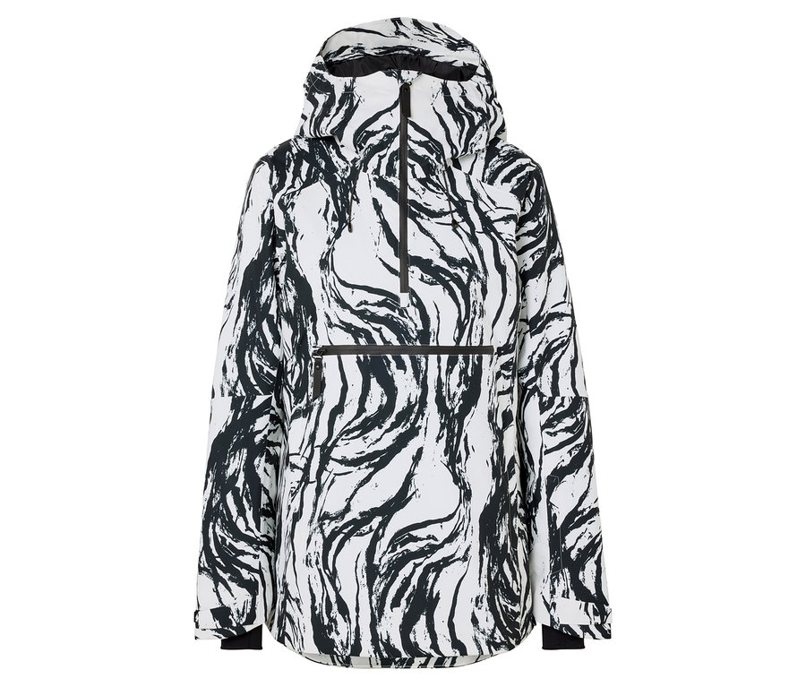Veste blanche à motif abstrait noir avec capuche.