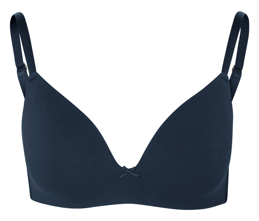 Soutien-gorge bleu marine à armatures avec un nœud au centre.