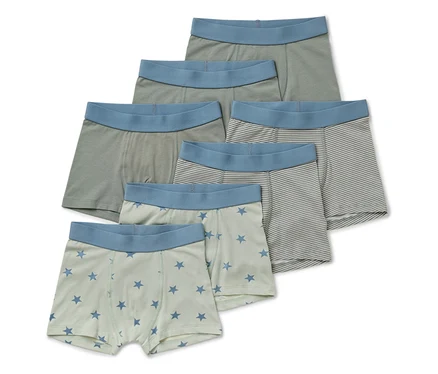 Six boxers pour garçons avec différents motifs. Un est vert clair, un rayé et un avec des étoiles.