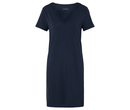 Chemise de nuit bleu marine à col en V et manches courtes, ornée de dentelle.