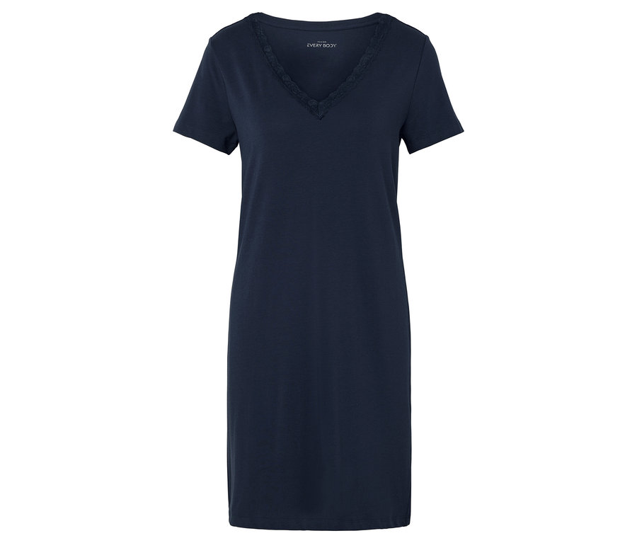 Chemise de nuit bleu marine à col en V et manches courtes, ornée de dentelle.