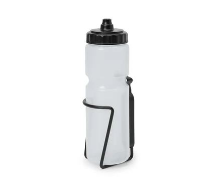 Une bouteille transparente dans un porte-bidon noir pour vélo avec bidon.