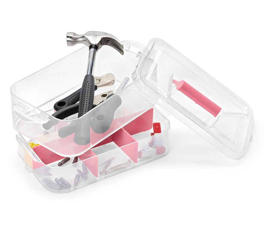 Une boîte à outils ouverte en plastique avec un marteau, une pince, un tournevis et divers outils.