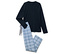 Un pyjama bleu marine à manches longues et un pantalon de pyjama à carreaux bleus sont posés sur un fond blanc.