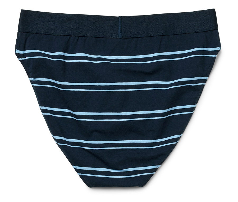 Slip pour homme rayé bleu sur fond blanc.