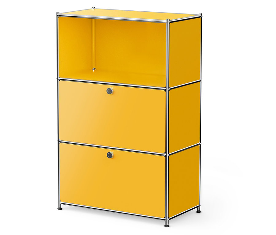 Système de rangement modulaire jaune à trois étages avec deux tiroirs et un compartiment supérieur ouvert.