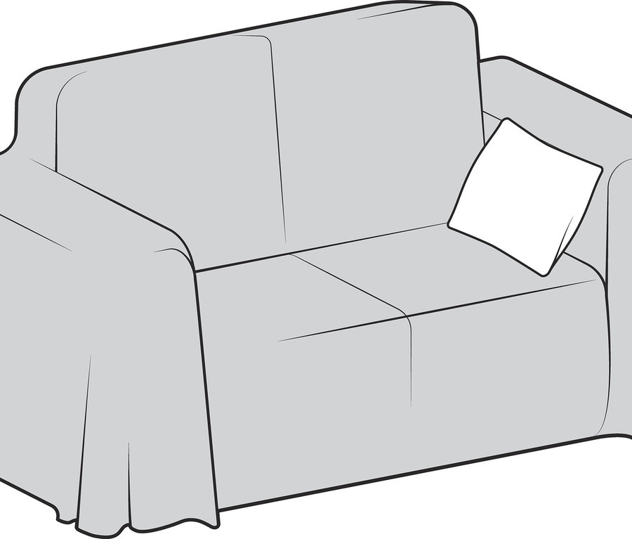 Illustration en niveaux de gris d'un canapé avec jeté en tissu renforcé et un coussin.
