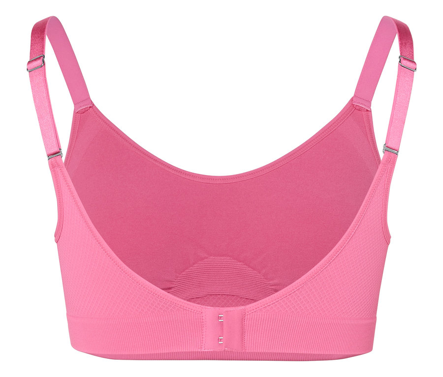 Détail du dos d'un soutien-gorge rose.