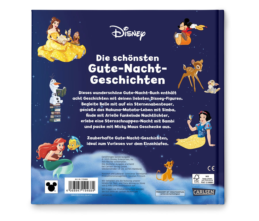 Couverture du livre Disney « Les plus belles histoires du soir » avec Belle, Olaf, Ariel, Simba, Bambi, Blanche-Neige et Mickey Mouse.