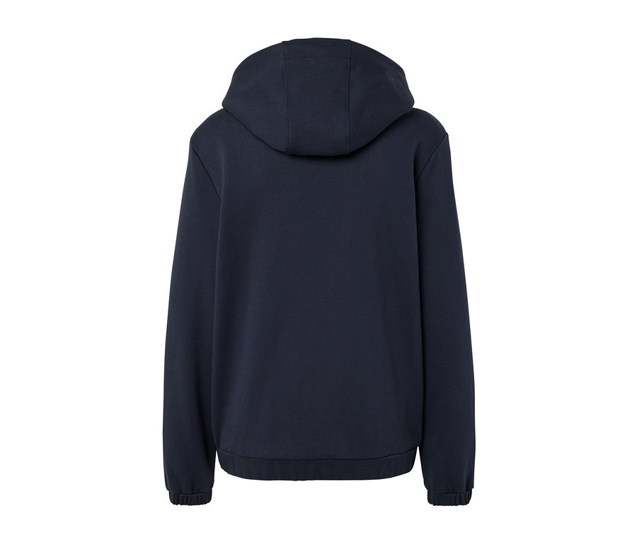 Détail du dos d'un sweat à capuche bleu foncé.