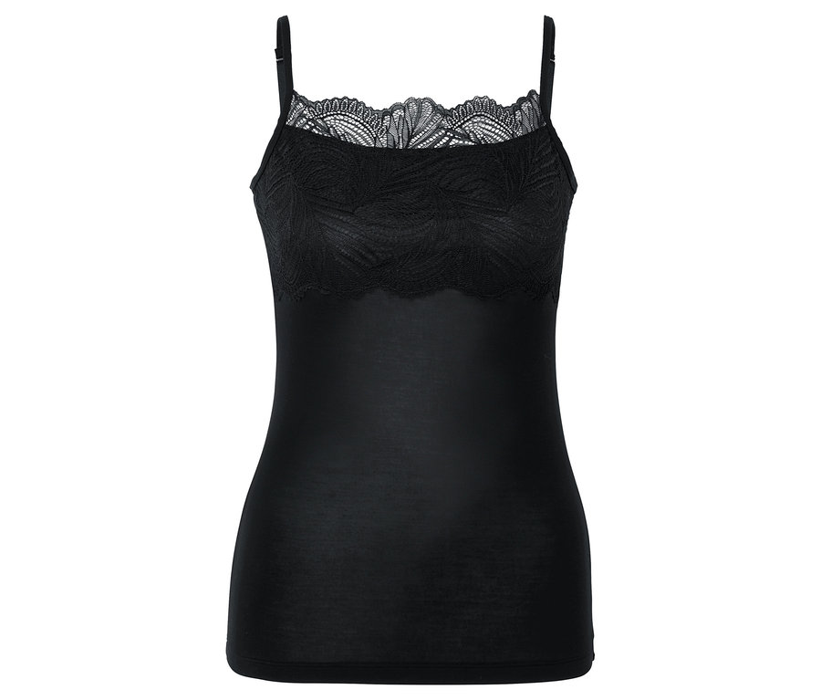 Débardeur noir avec dentelle sur le dessus et fines bretelles.