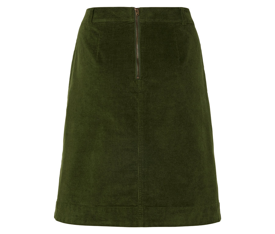 Vue détaillée d'une jupe en velours côtelé verte avec une fermeture éclair en métal à l'arrière.