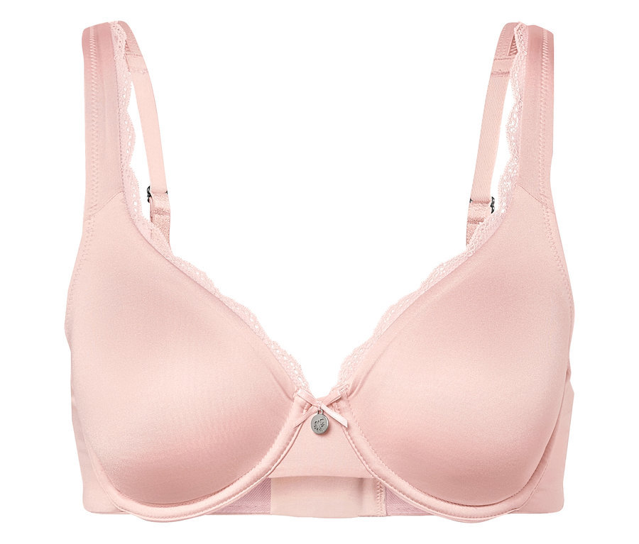 Gros plan d'un soutien-gorge rose avec de la dentelle et un nœud au centre.