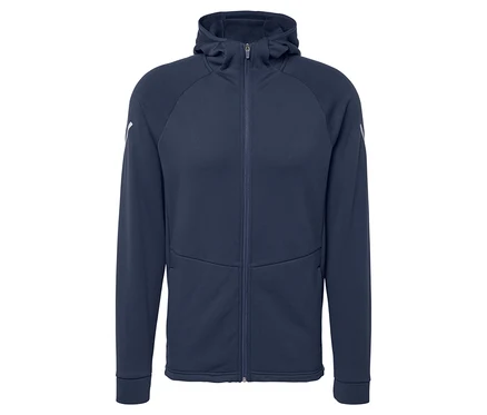 Veste thermique bleu foncé avec capuche et fermeture éclair intégrale.