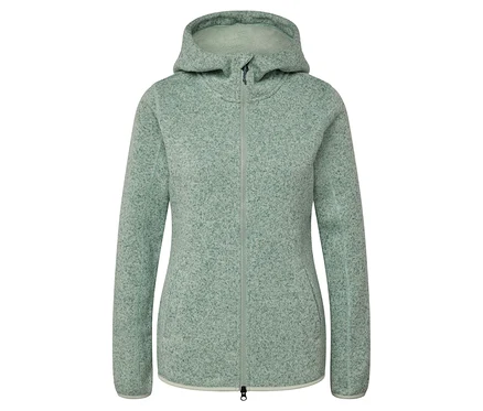 Veste en polaire vert clair avec capuche et fermeture éclair au centre.
