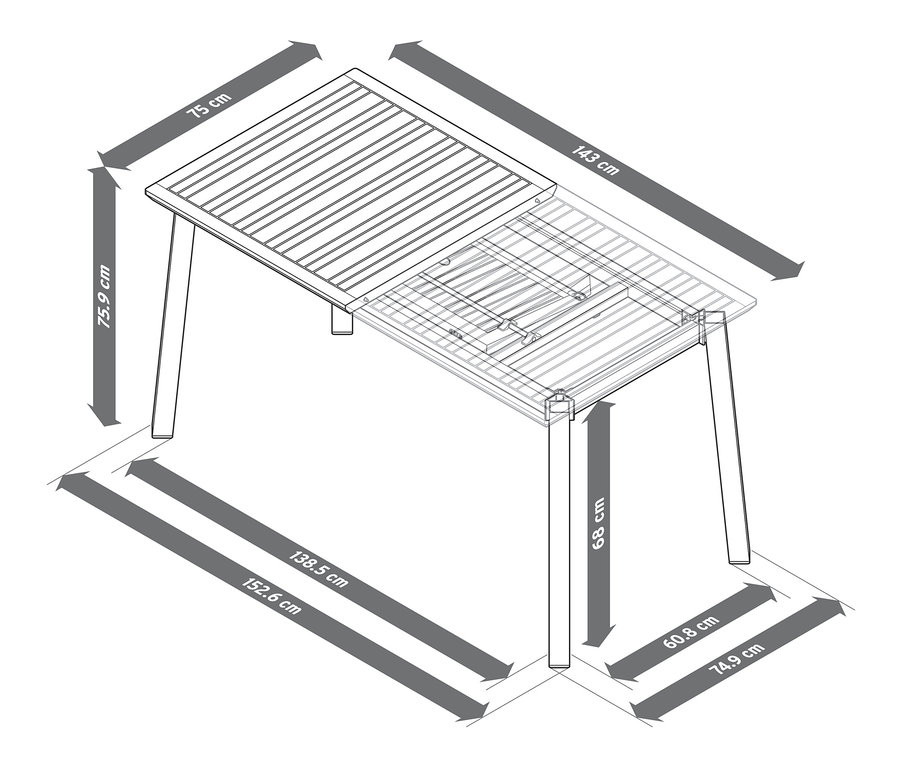 Table à rallonge « Liska » avec dimensions indiquées.