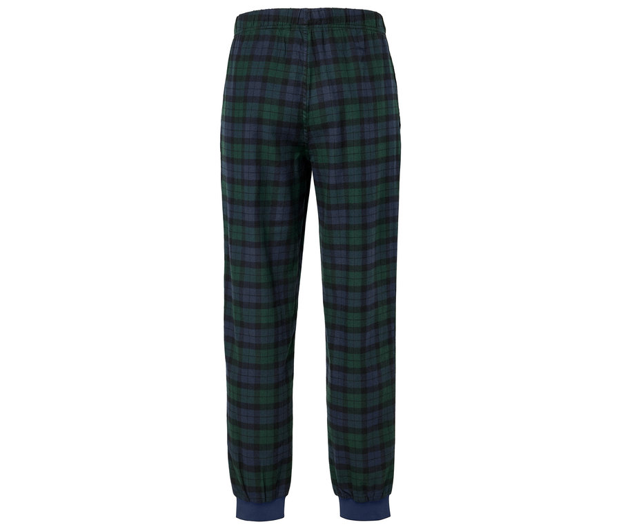 Pantalon de pyjama en flanelle à carreaux vert et bleu.