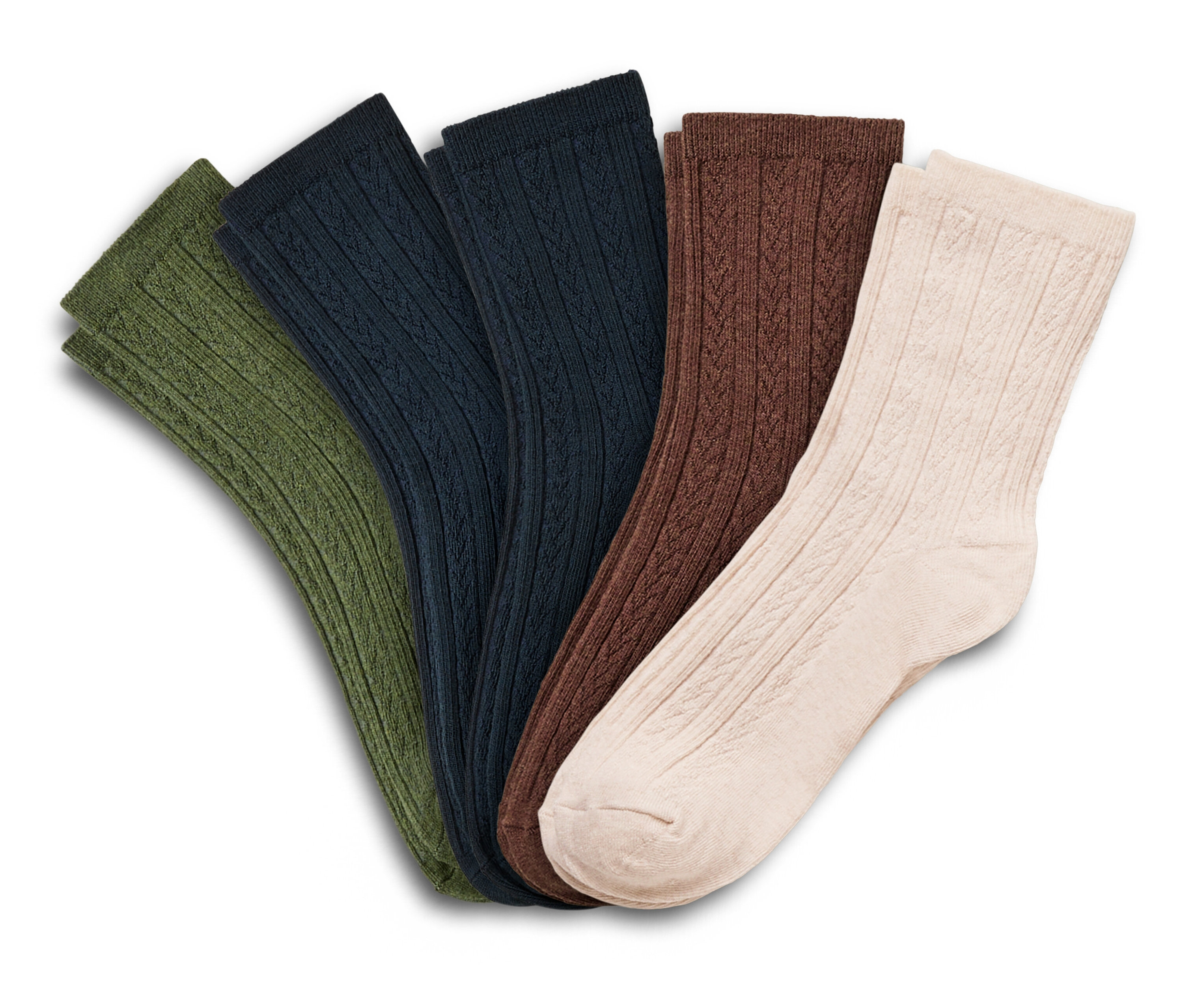 Cinq paires de chaussettes à torsades représentées en vert olive, bleu foncé, marron et crème.