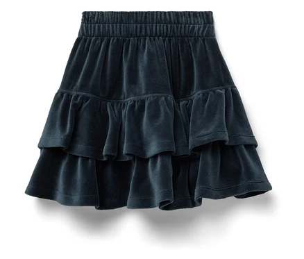 Une jupe en velours bleu marine avec deux volants et une taille élastique.