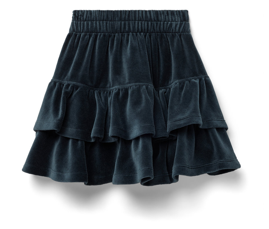 Une jupe en velours bleu marine avec deux volants et une taille élastique.