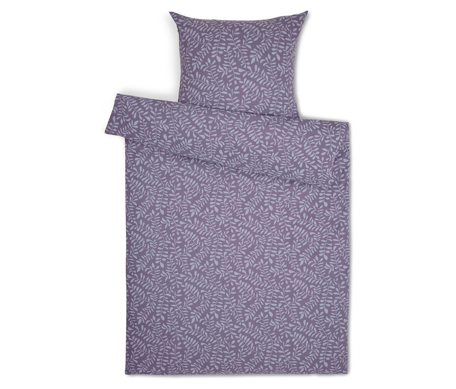 Ensemble de literie violet avec motif de feuilles.