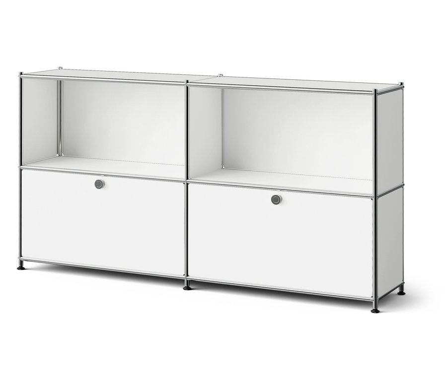 Système de rangement modulaire blanc avec deux étagères ouvertes sur le dessus et deux tiroirs en dessous.