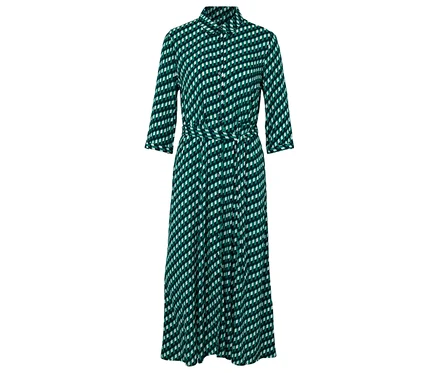 Robe à motifs verts et blancs avec ceinture.