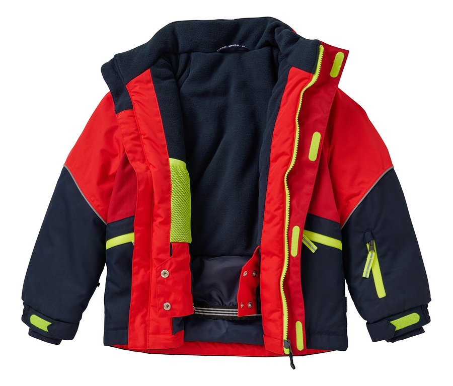 Veste robuste ouverte rouge tomate et bleu marine pour enfant Jako-O avec des détails jaunes.