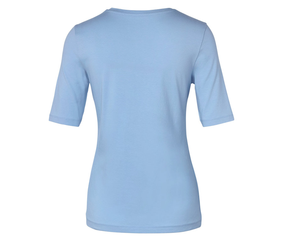 Vue arrière d'un t-shirt bleu clair à manches courtes.