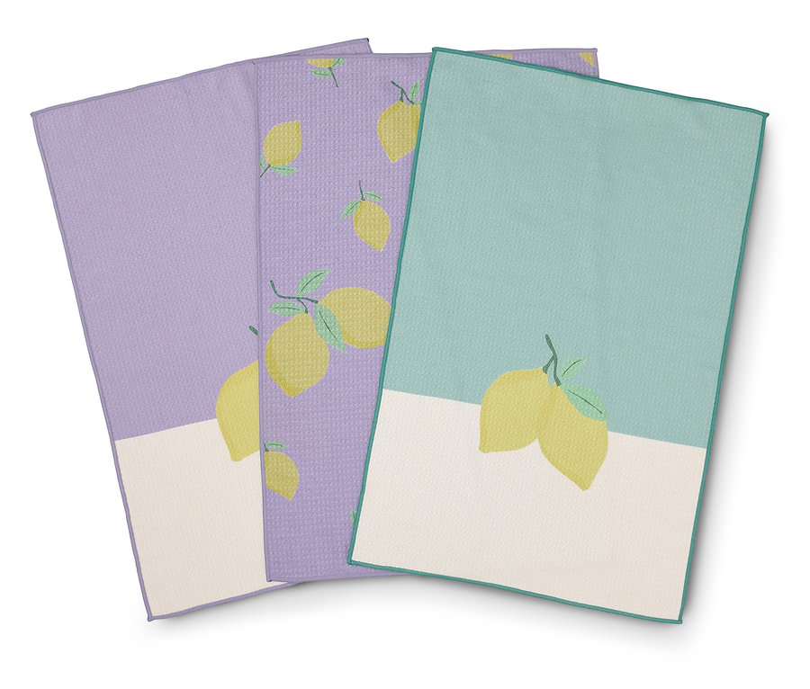Trois torchons à motif citron en lavande, violet et turquoise.