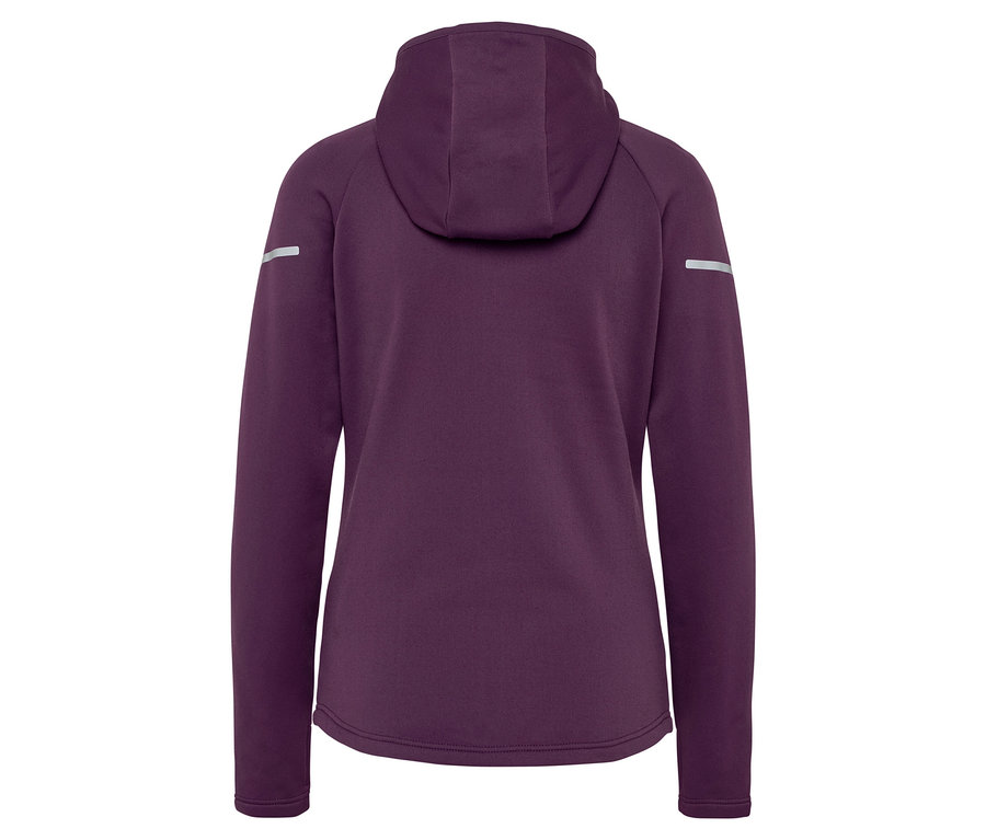 Vue arrière d'un sweat à capuche violet avec des éléments réfléchissants sur les manches.