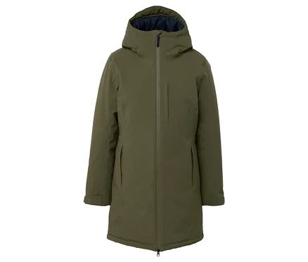 Manteau d'hiver vert avec capuche et fermeture éclair.