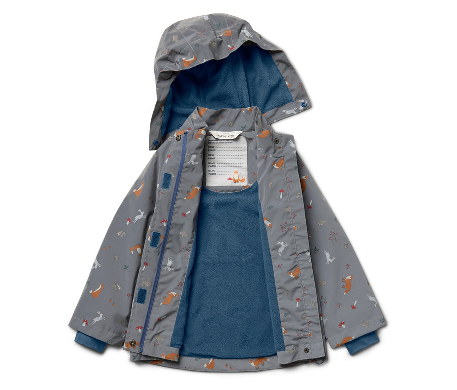 Veste grise à capuche pour enfants, imprimée de renards, de champignons et de lièvres, avec une doublure en polaire bleue.