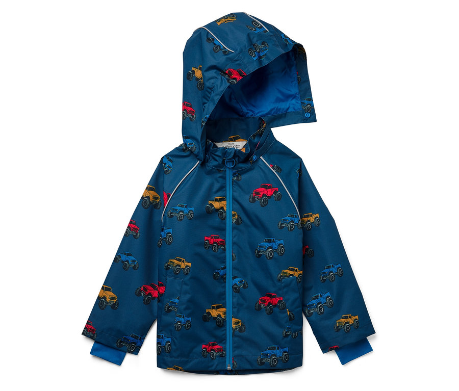 Veste de pluie bleue à capuche avec motif de monster trucks.