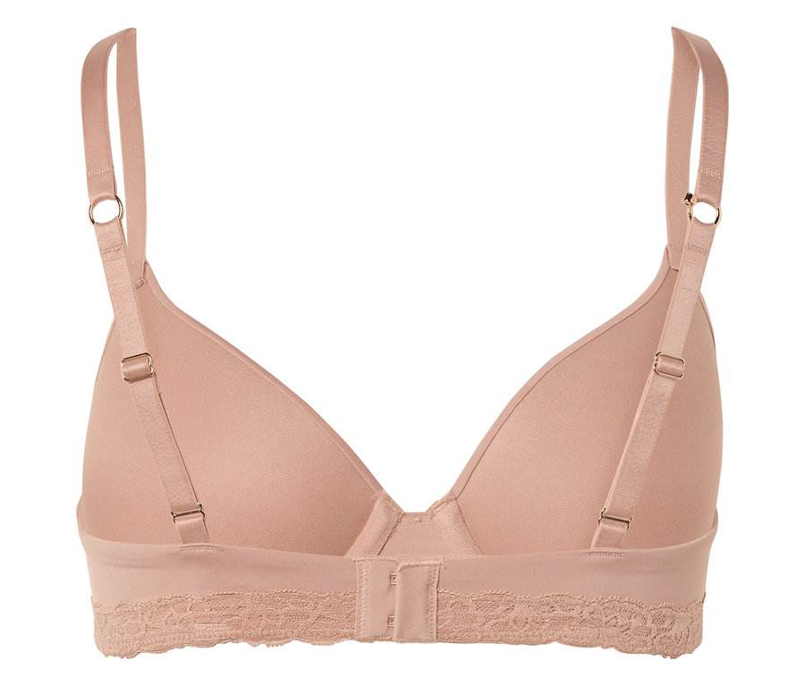 Vue arrière d'un soutien-gorge beige avec bretelles réglables et bordure en dentelle sous la poitrine.