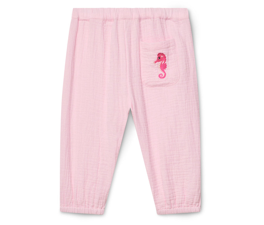 Pantalon en tissu rose avec ceinture élastique et poche plaquée avec broderie d'hippocampe.