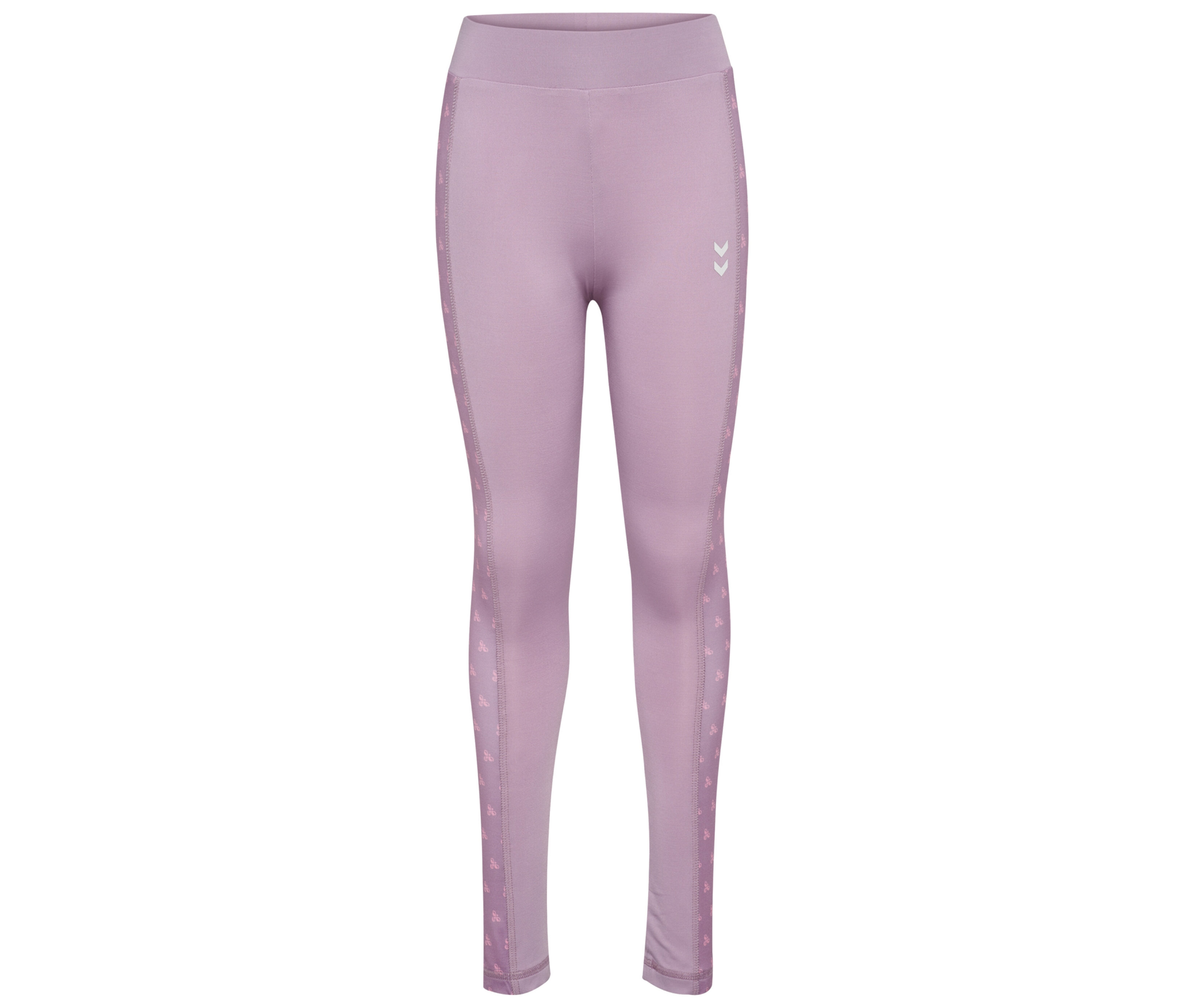 Gros plan sur le collant taille moyenne hummel® HMLJR Mix, un legging violet avec un motif latéral.